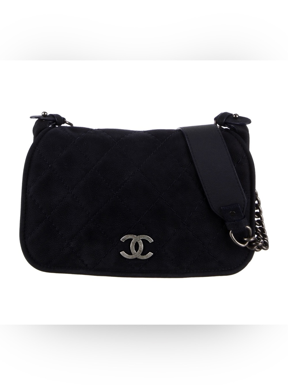 Chanel Black Highlander Nubuck Flap Messenger Crossbody Bag Purse Silver Auth